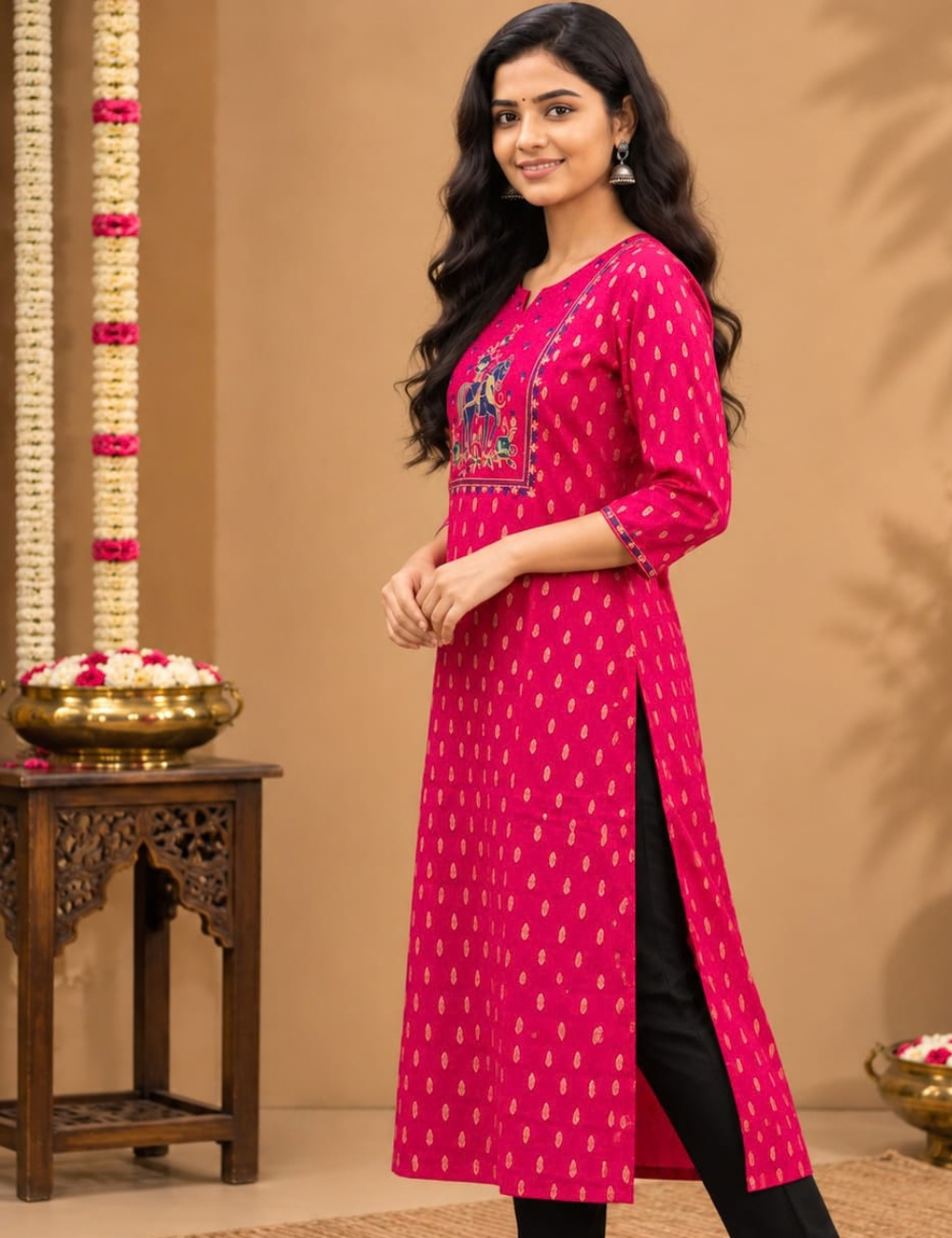 Crimson Pink Avaasaa Side Cut Kurti with Royal Horse Embroidery HCK23