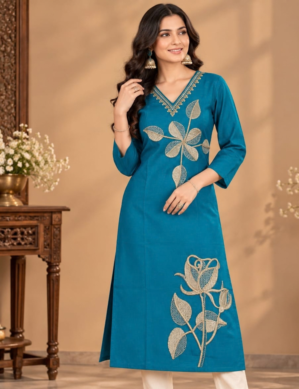 Azure Blue Vatican V-Neck Side Cut Kurti with Golden Floral Embroidery HCK22