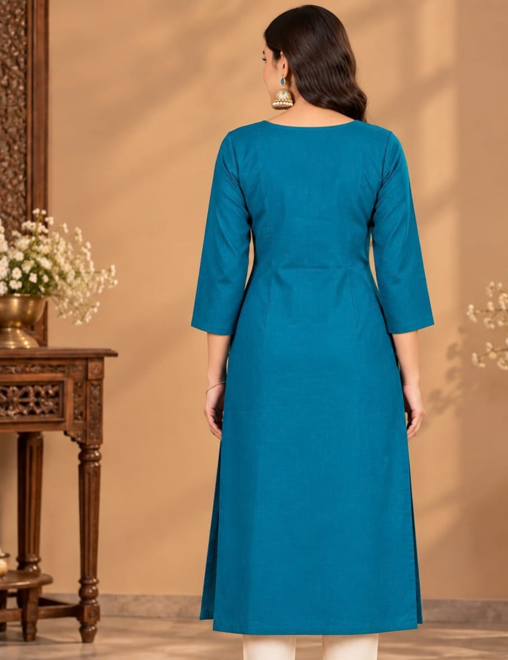 Azure Blue Vatican V-Neck Side Cut Kurti with Golden Floral Embroidery HCK22
