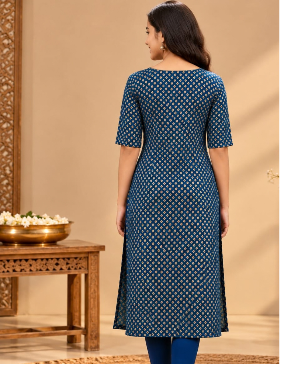 Dark Blue Avaasa Side Cut Kurti with Elephant & Floral Embroidery HCK28