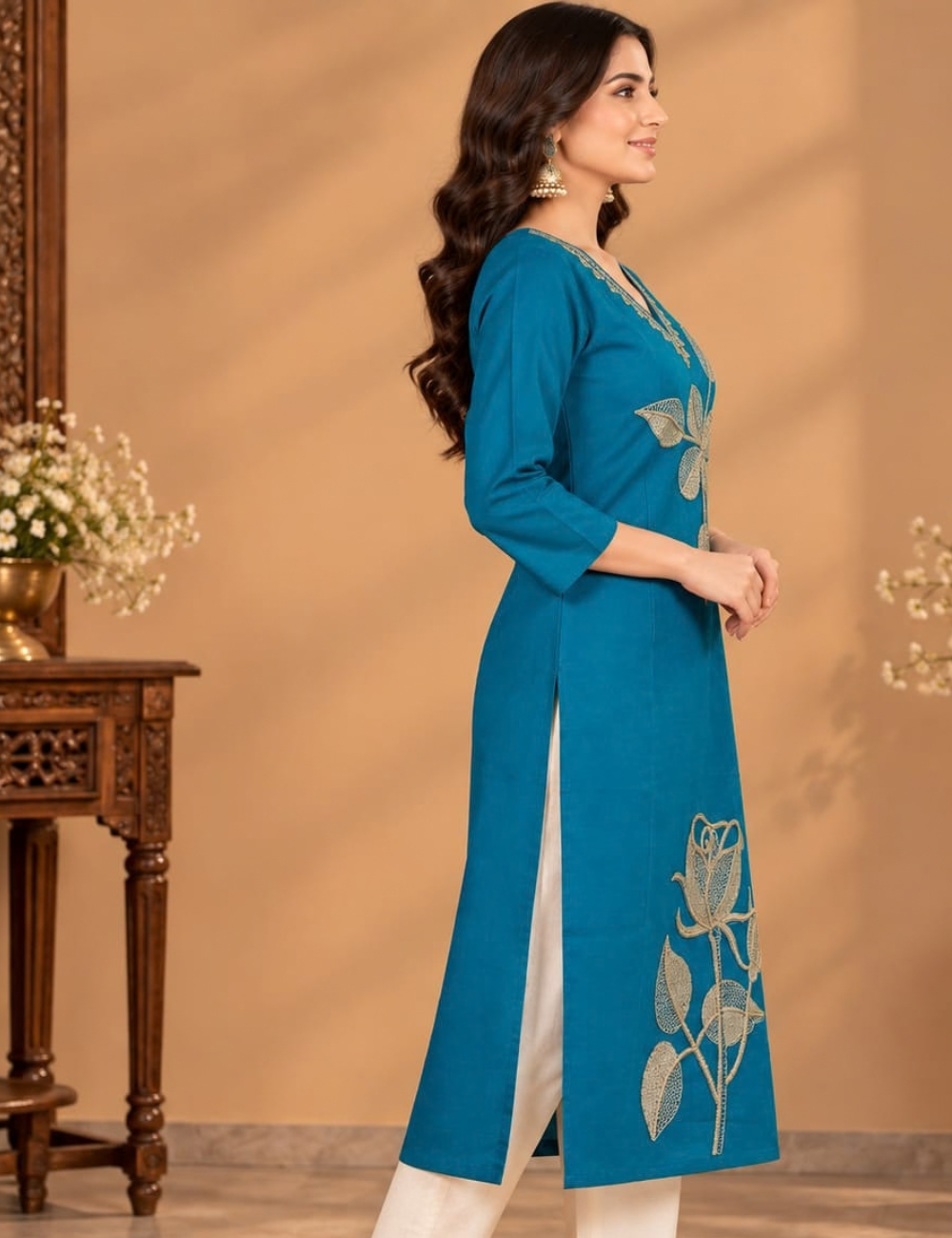 Azure Blue Vatican V-Neck Side Cut Kurti with Golden Floral Embroidery HCK22