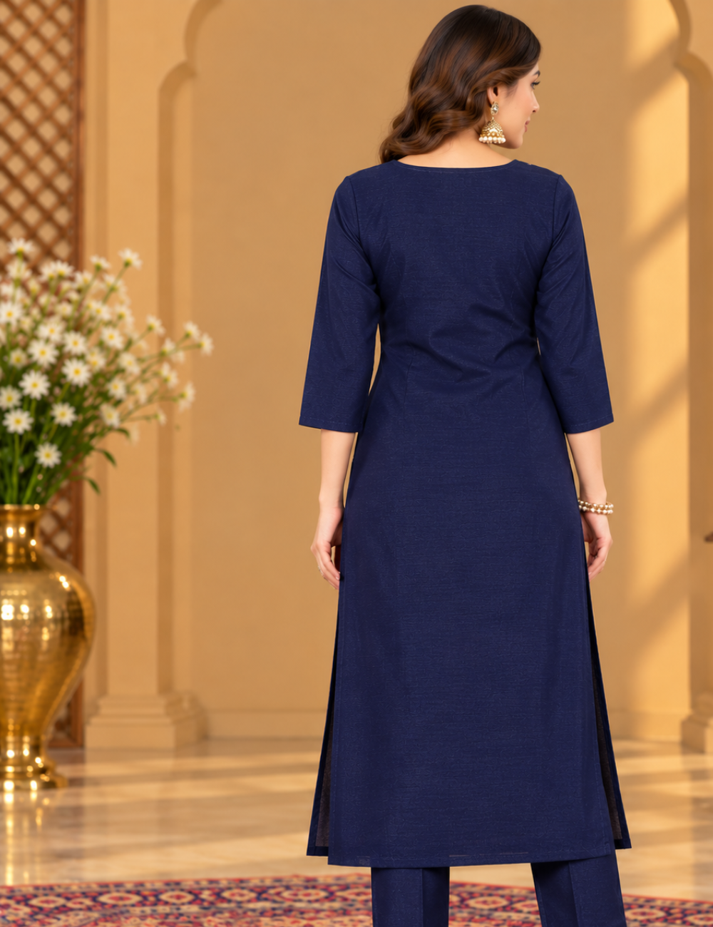 Midnight Blue Vichitra Silk Embroidered Side Cut Kurti with Lining HCK01