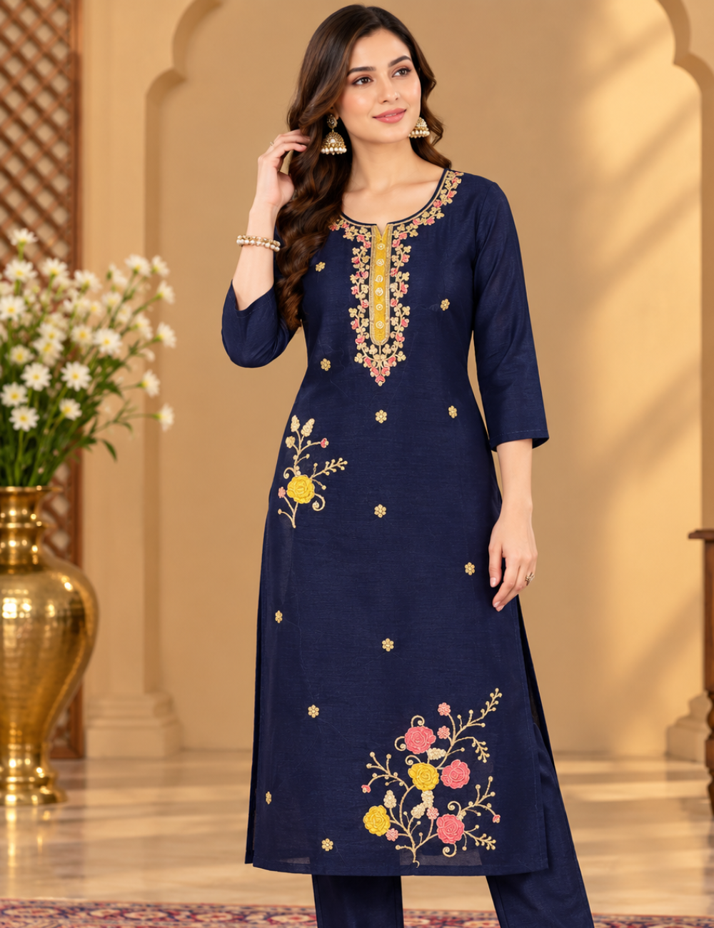 Midnight Blue Vichitra Silk Embroidered Side Cut Kurti with Lining HCK01