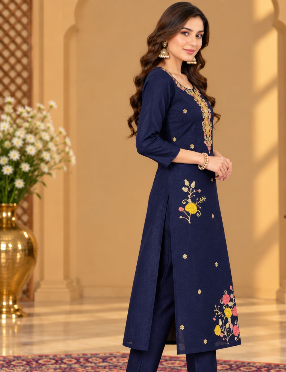 Midnight Blue Vichitra Silk Embroidered Side Cut Kurti with Lining HCK01