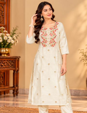 Full White Vichitra Silk Embroidered Side Cut Kurti with Lining HCK02