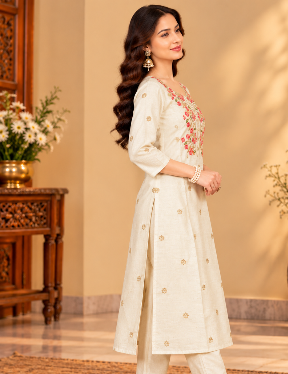 Full White Vichitra Silk Embroidered Side Cut Kurti with Lining HCK02