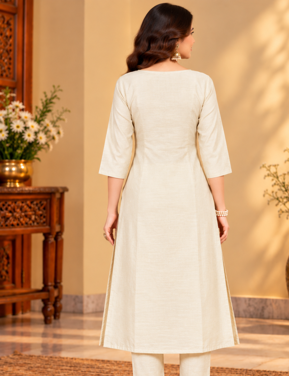 Full White Vichitra Silk Embroidered Side Cut Kurti with Lining HCK02