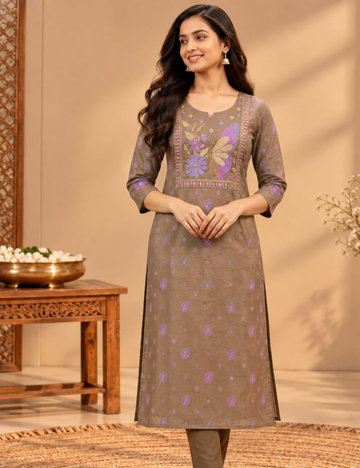 Golden Beige Avaasa Side Cut Kurti with Purple Butterfly & Floral Embroidery HCK27
