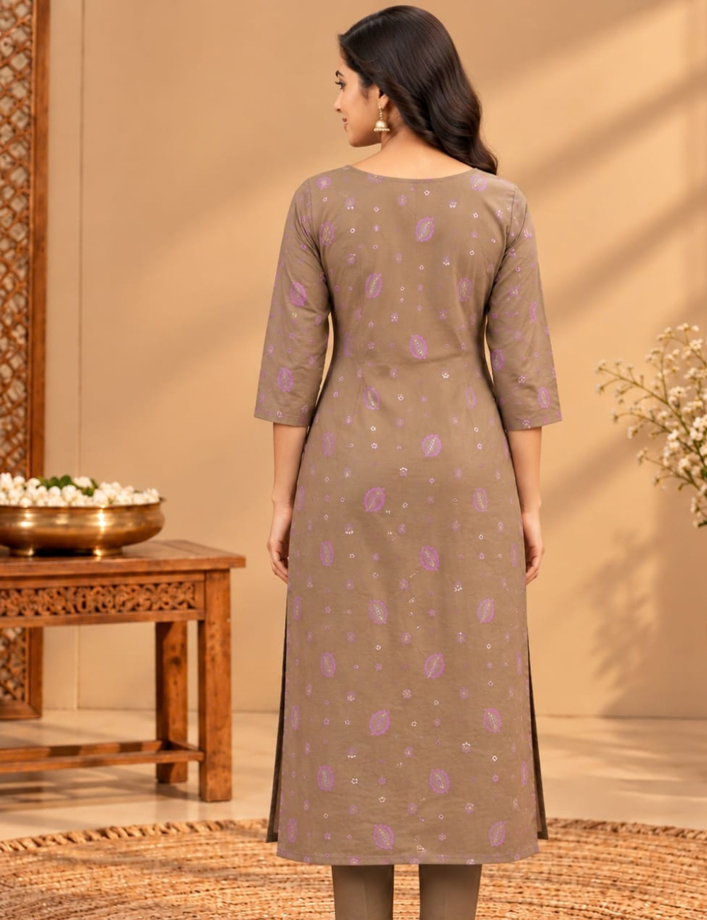 Golden Beige Avaasa Side Cut Kurti with Purple Butterfly & Floral Embroidery HCK27