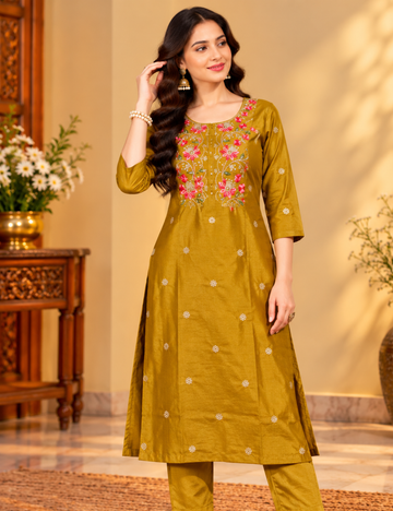Dark Goldenrod Vichitra Silk Embroidered Side Cut Kurti with Lining HCK06