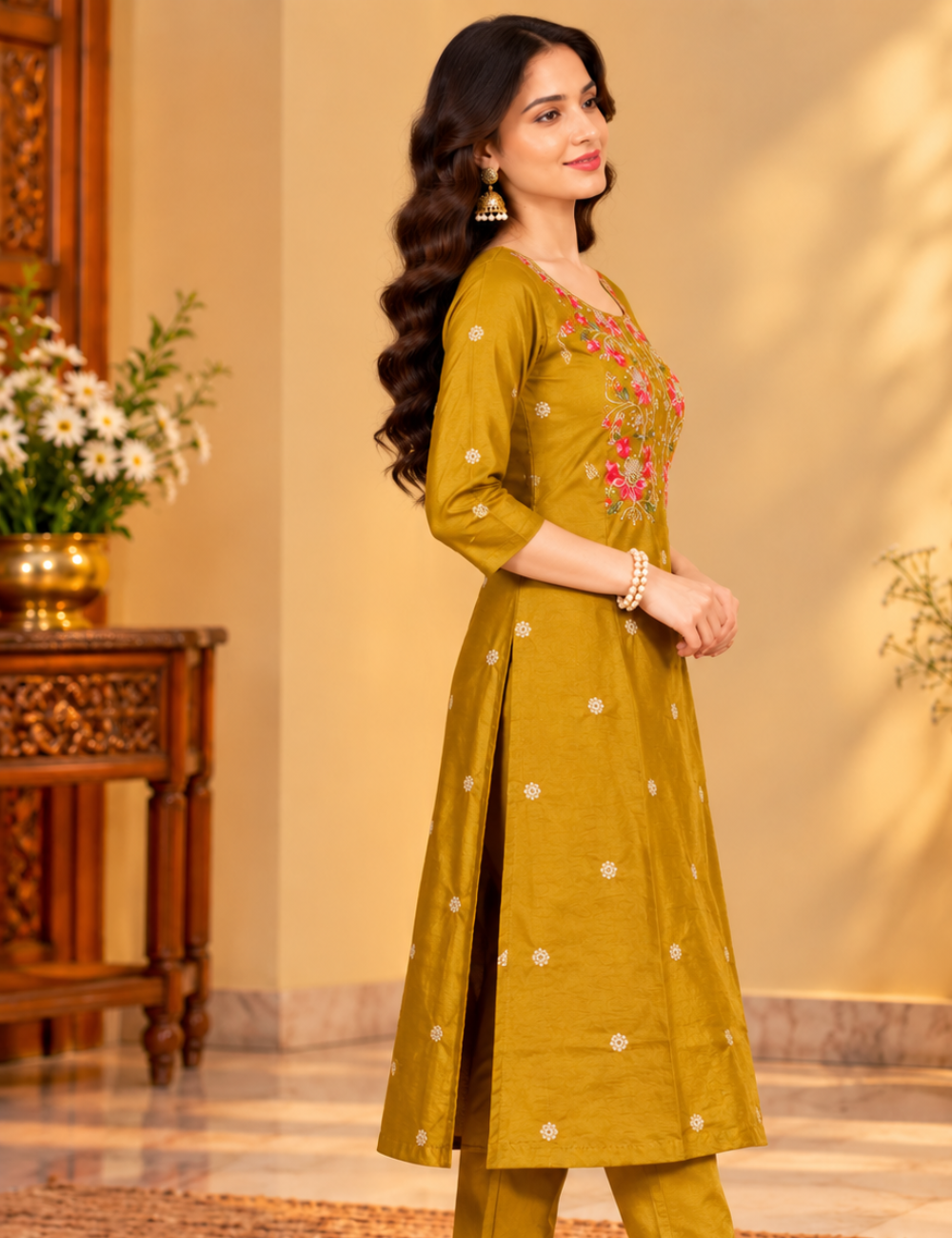 Dark Goldenrod Vichitra Silk Embroidered Side Cut Kurti with Lining HCK06
