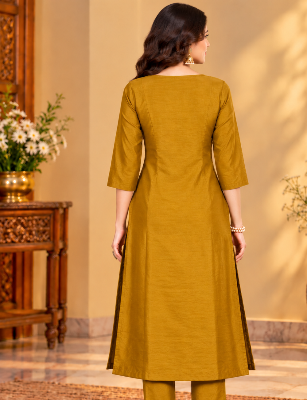 Dark Goldenrod Vichitra Silk Embroidered Side Cut Kurti with Lining HCK06