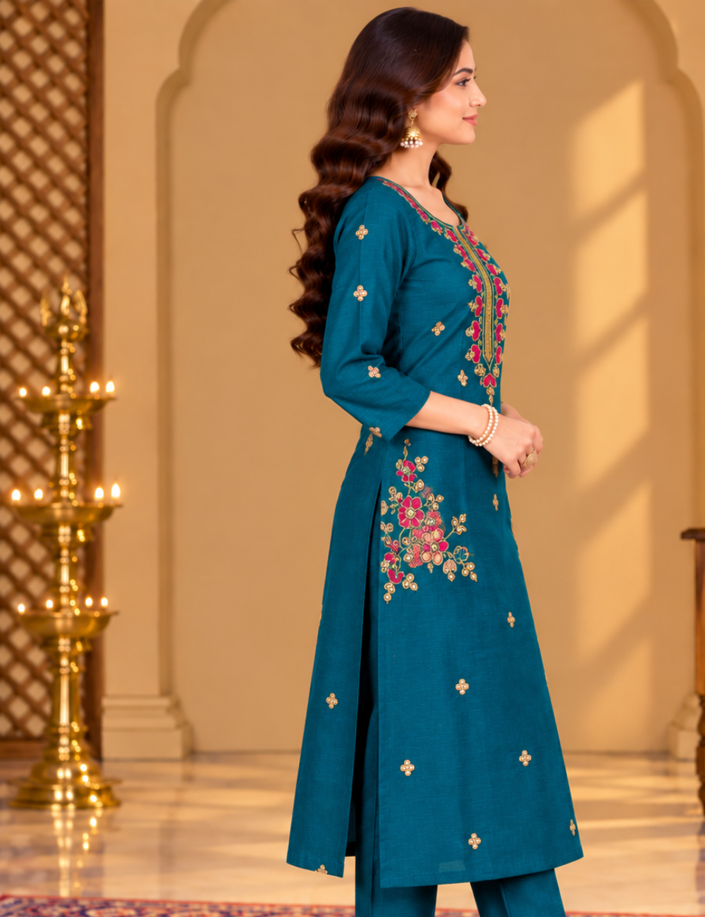 Dark Teal Vichitra Silk Embroidered Side Cut Kurti With Lining HCK03