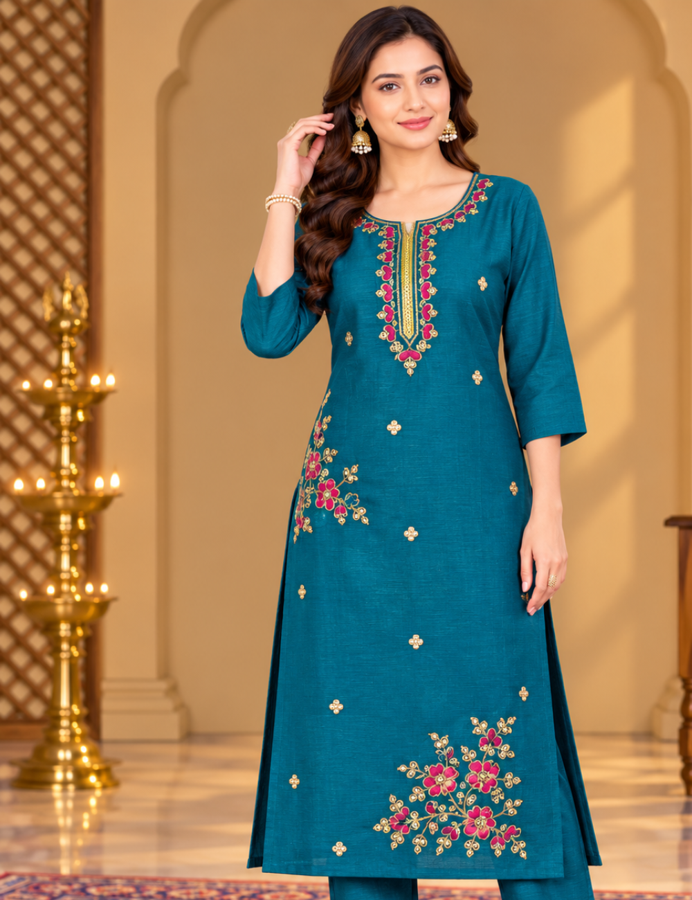 Dark Teal Vichitra Silk Embroidered Side Cut Kurti With Lining HCK03