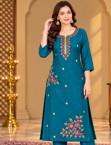 Dark Teal Vichitra Silk Embroidered Side Cut Kurti With Lining HCK03