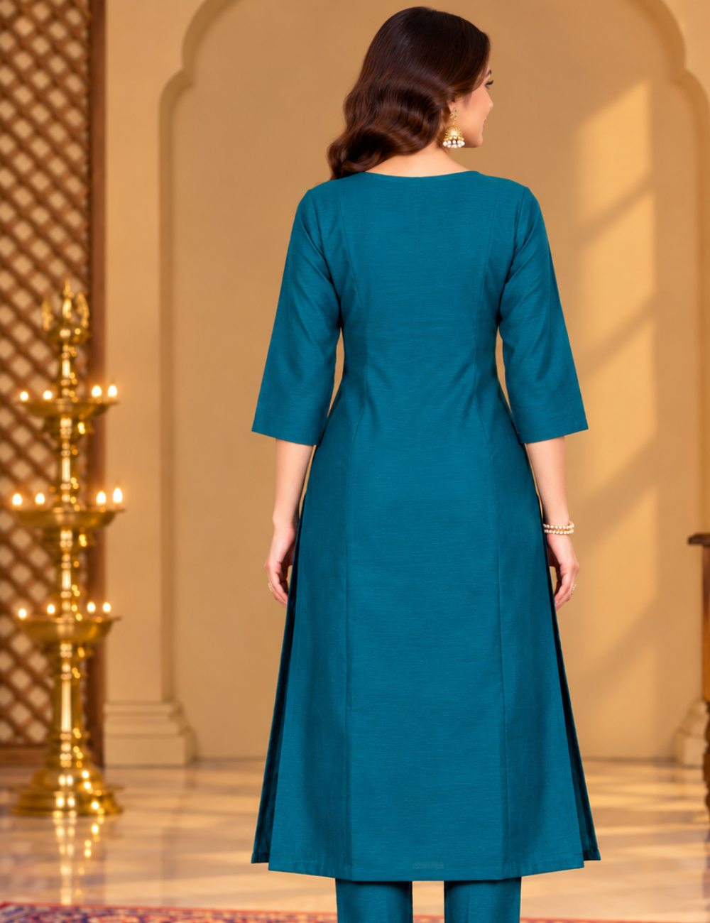 Dark Teal Vichitra Silk Embroidered Side Cut Kurti With Lining HCK03