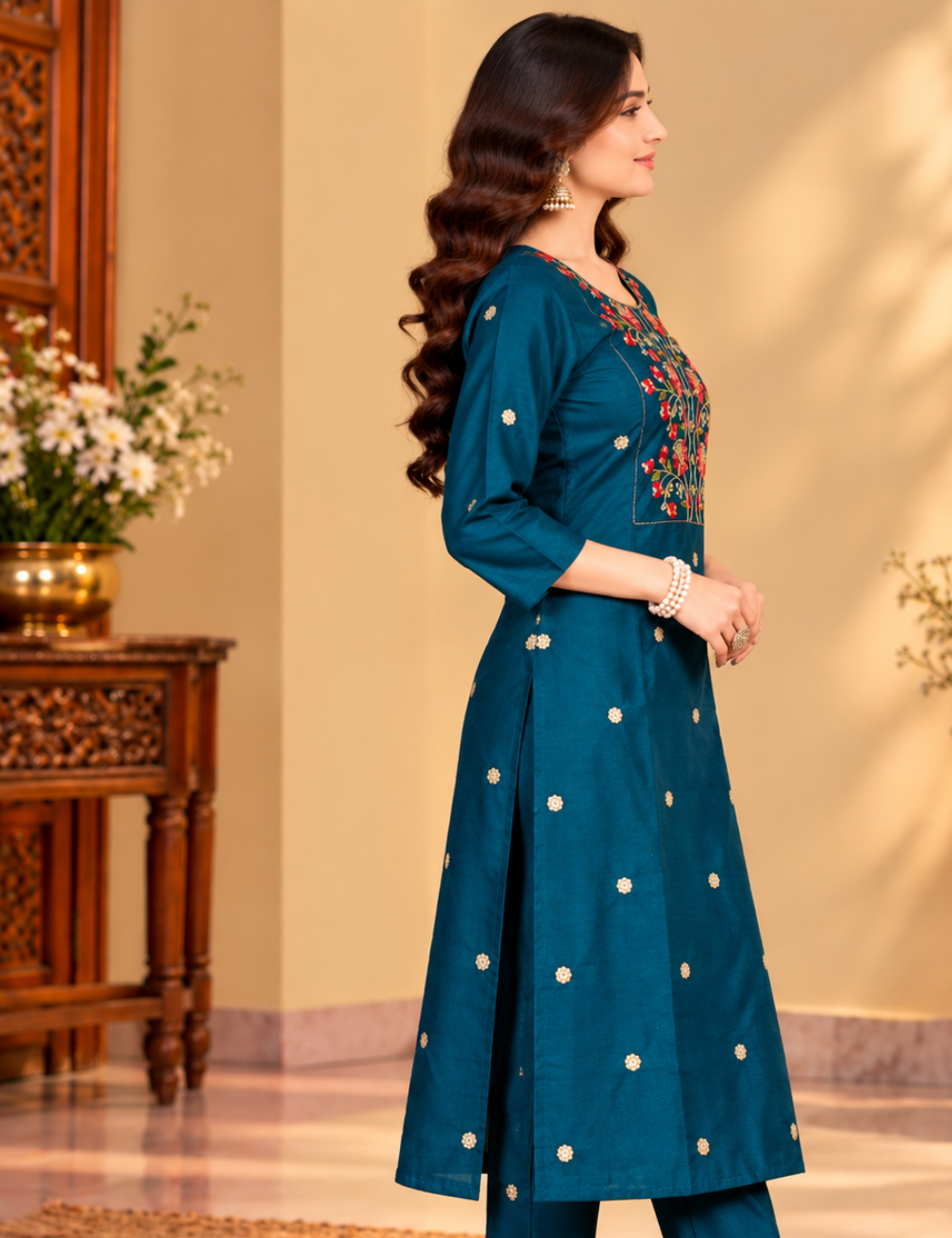 Dark Azure Blue Vichitra Silk Side Cut Kurti(with Lining) with Round-Neckline and Floral Yoke Embroidery HCK08