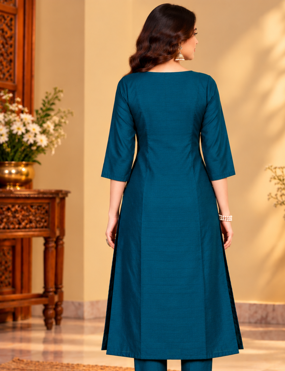 Dark Azure Blue Vichitra Silk Side Cut Kurti(with Lining) with Round-Neckline and Floral Yoke Embroidery HCK08