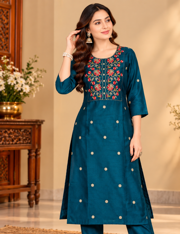 Dark Azure Blue Vichitra Silk Side Cut Kurti(with Lining) with Round-Neckline and Floral Yoke Embroidery HCK08