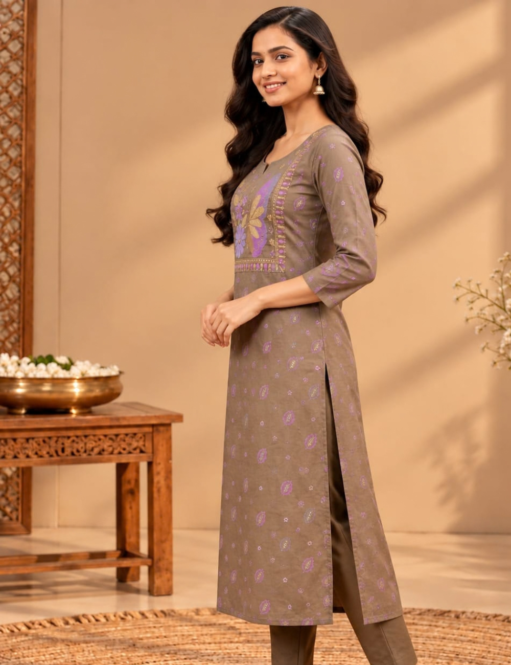 Golden Beige Avaasa Side Cut Kurti with Purple Butterfly & Floral Embroidery HCK27