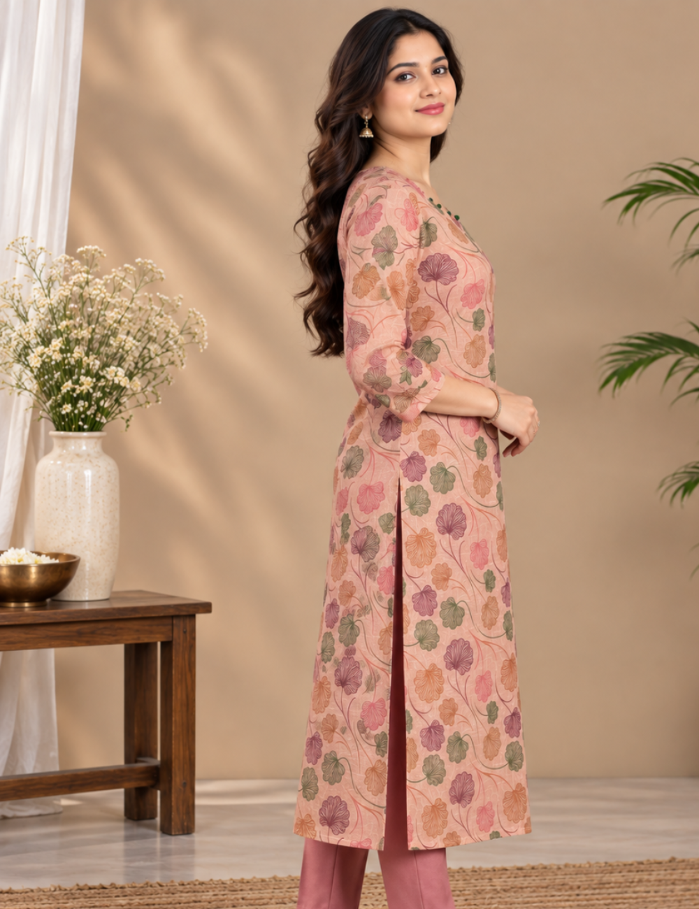 Floral Printed Tissue Fabric Straight Kurti With Lining HCK17