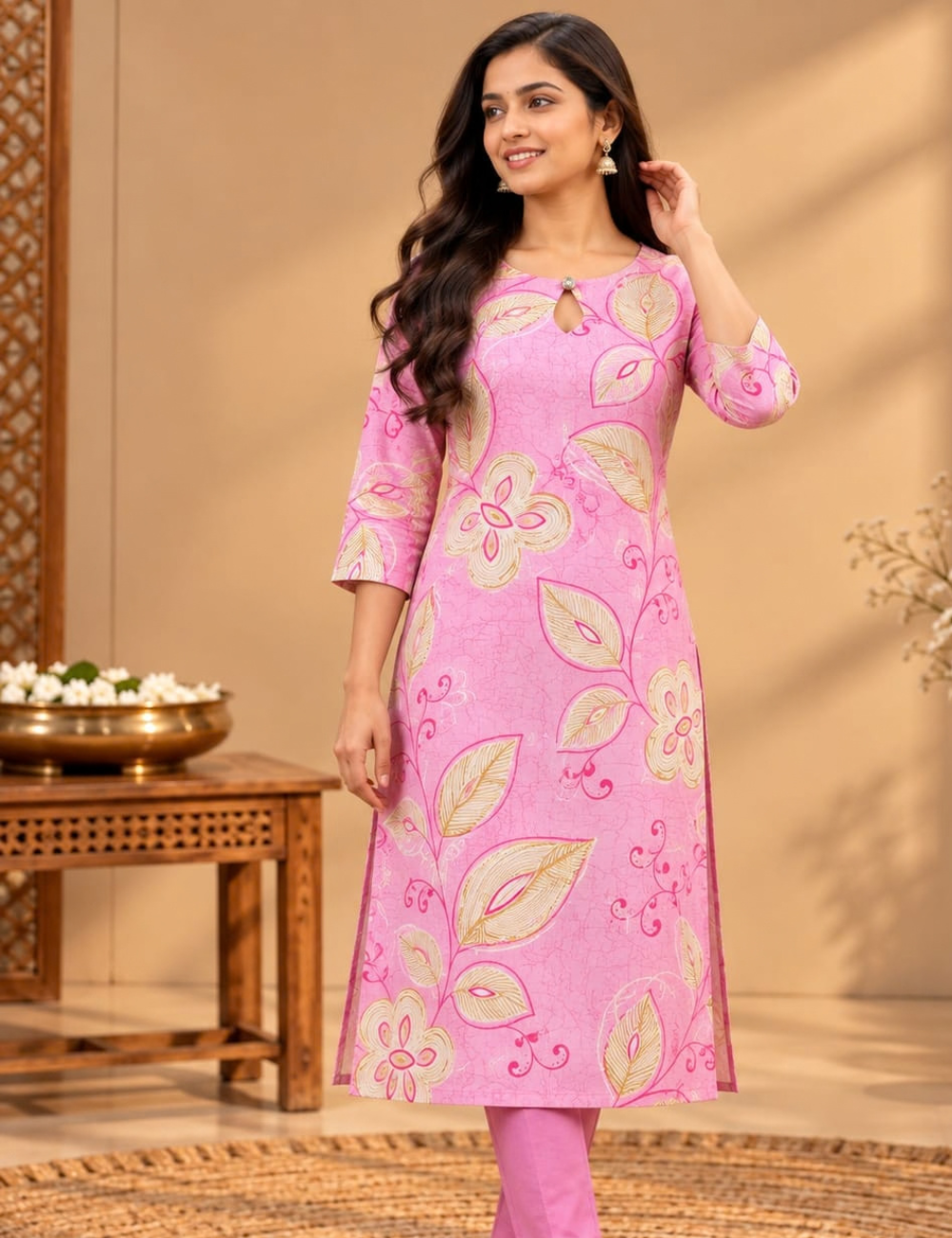 Pastel Pink Avaasa Side Cut Kurti with Golden Floral Print & Keyhole Neckline HCK25