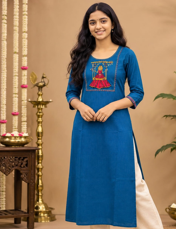 Azure Blue Avaasa Side Cut Kurti with Unique Swing Girl Embroidery HCK21