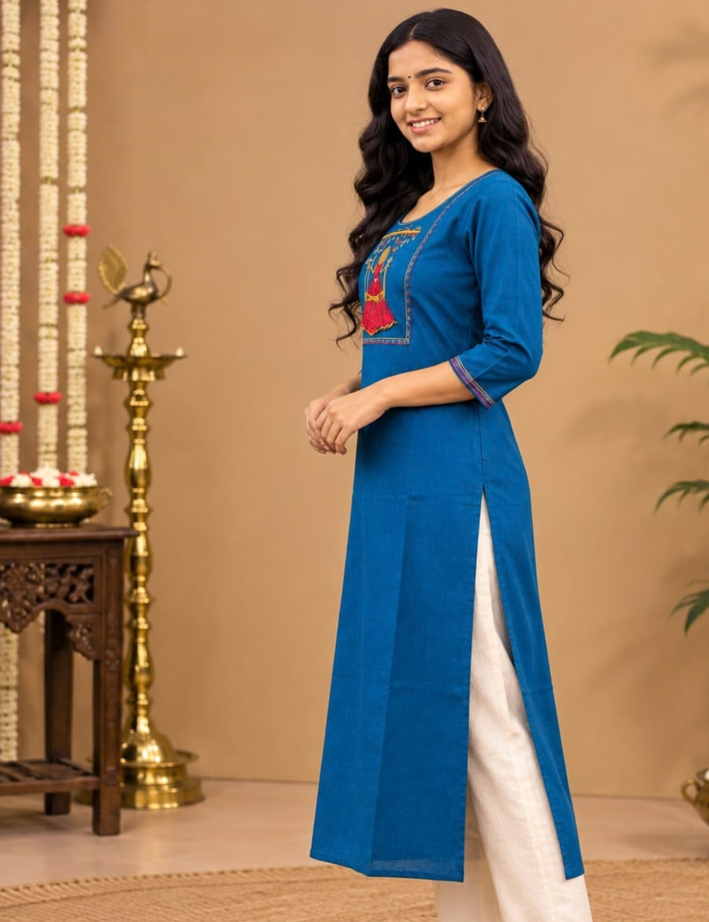 Azure Blue Avaasa Side Cut Kurti with Unique Swing Girl Embroidery HCK21