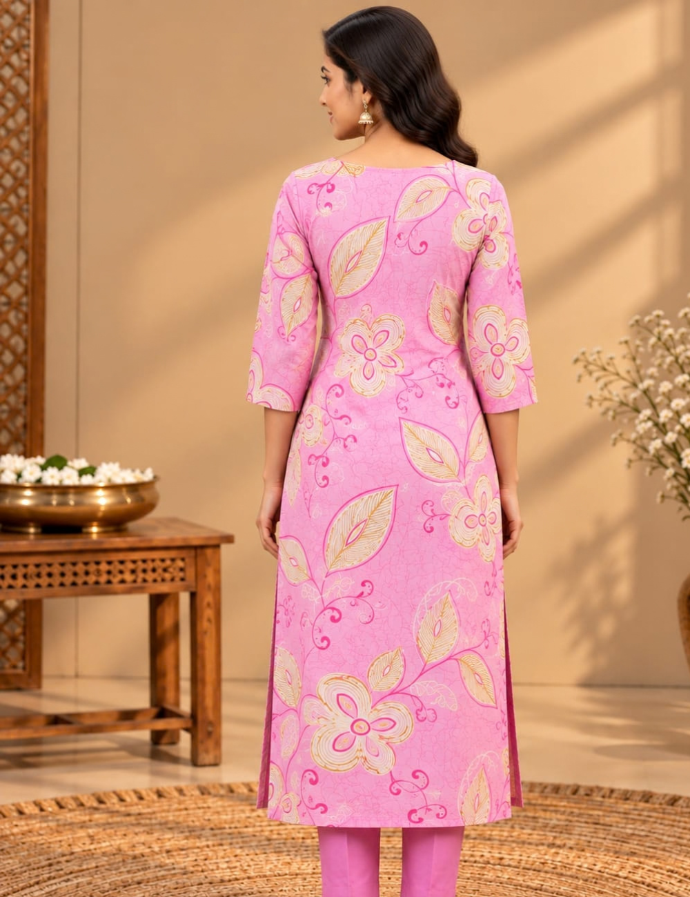 Pastel Pink Avaasa Side Cut Kurti with Golden Floral Print & Keyhole Neckline HCK25