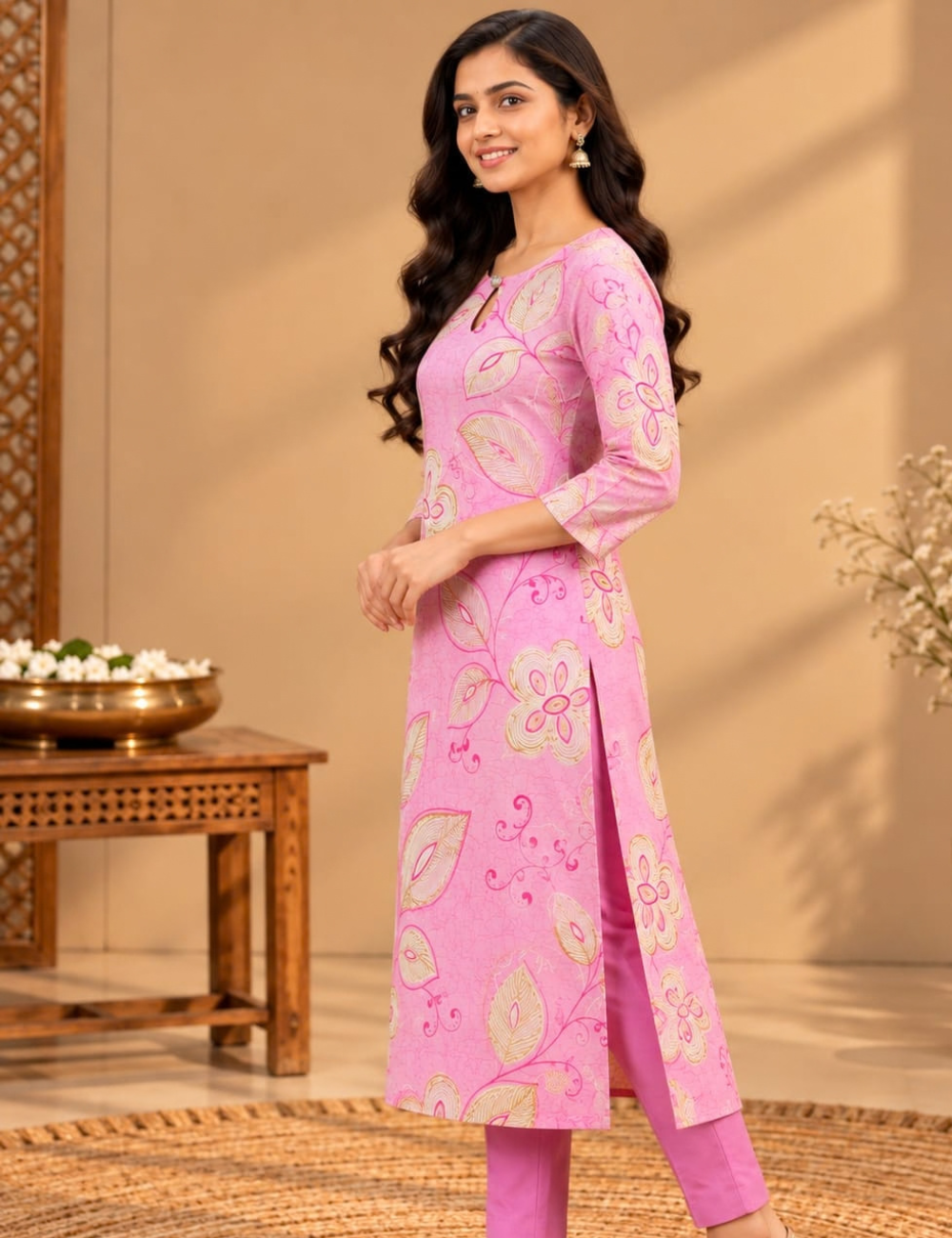 Pastel Pink Avaasa Side Cut Kurti with Golden Floral Print & Keyhole Neckline HCK25