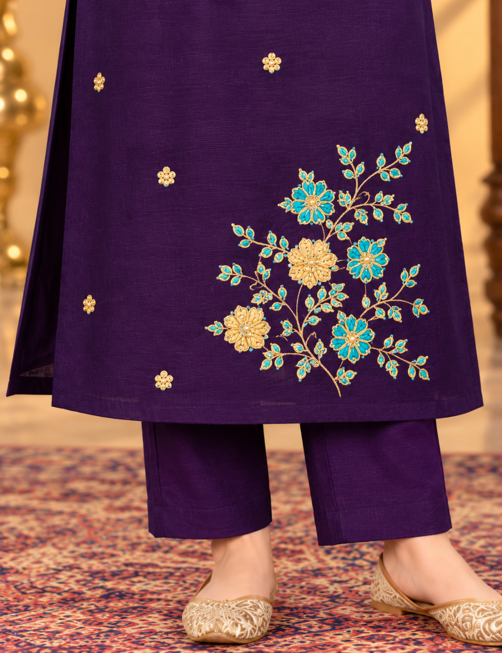Dark Violet Vichitra Silk Embroidered Side Cut Kurti with Lining HCK05