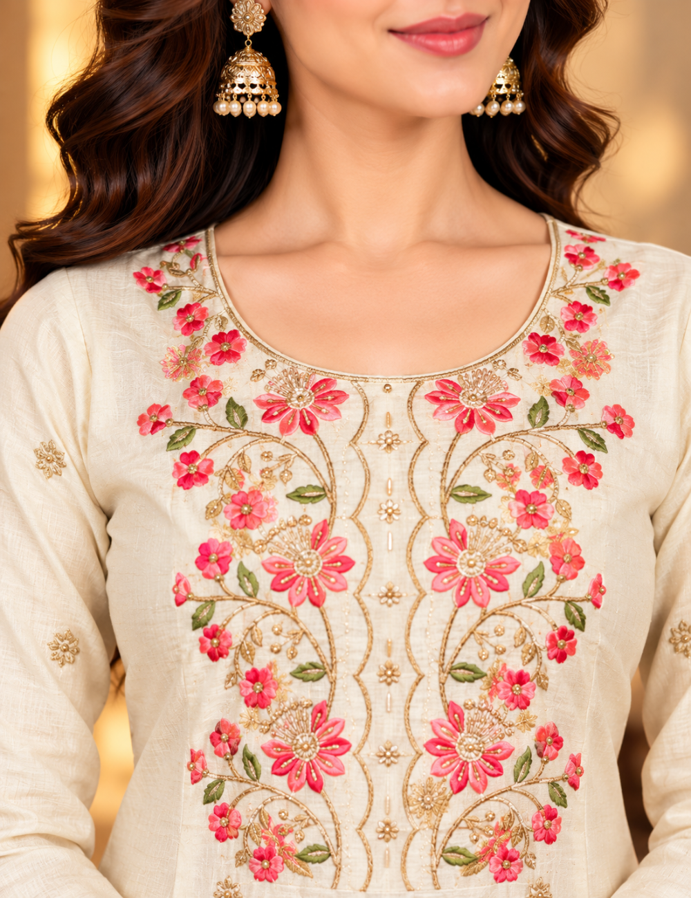 Full White Vichitra Silk Embroidered Side Cut Kurti with Lining HCK02