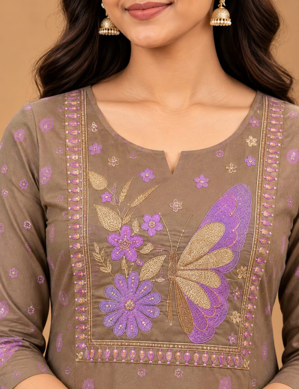Golden Beige Avaasa Side Cut Kurti with Purple Butterfly & Floral Embroidery HCK27