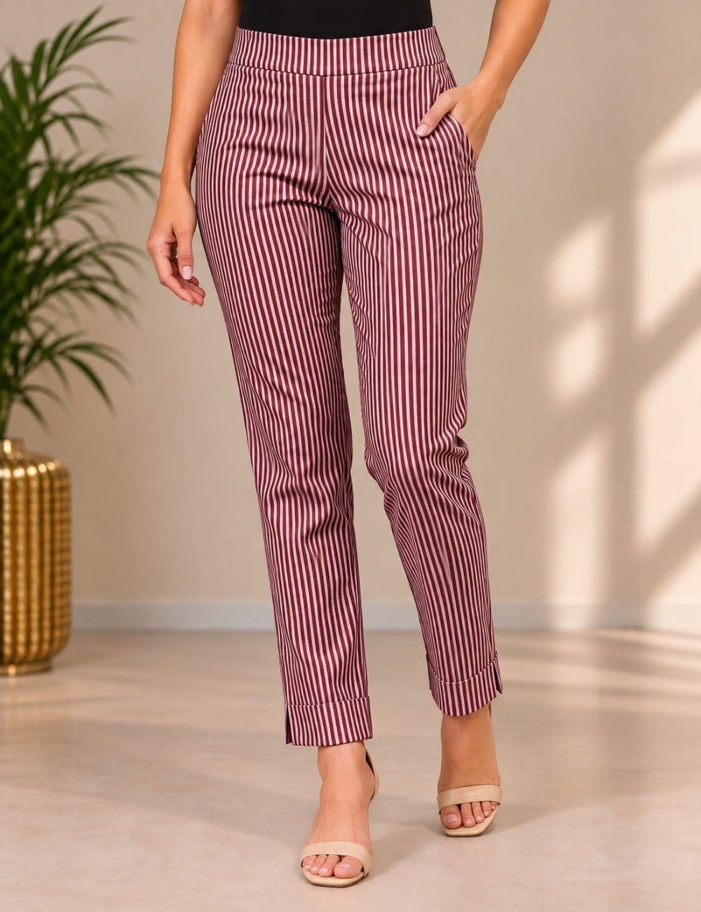 Grey Red Free Size Popcorn Stretchable Straight Pant HCB19