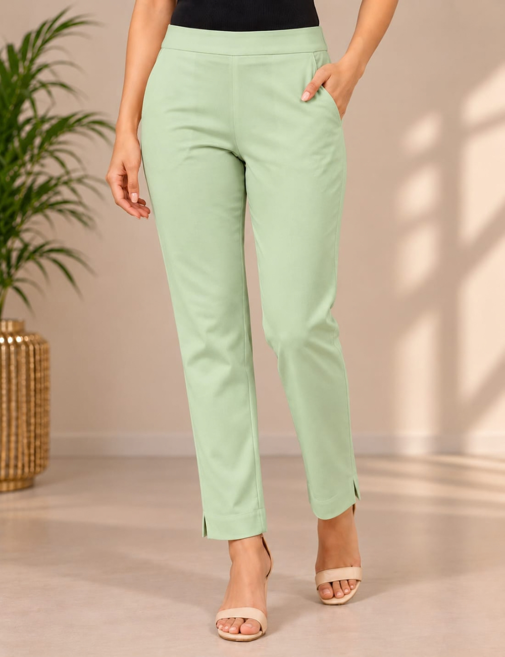 LIVA Certified Light Green Rayon Stretchable Straight Pant HCB04