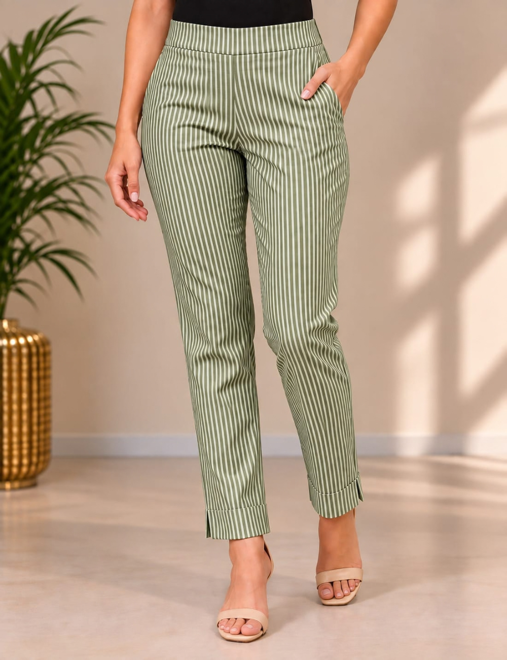 Light Green Free Size Popcorn Stretchable Straight Pant HCB21