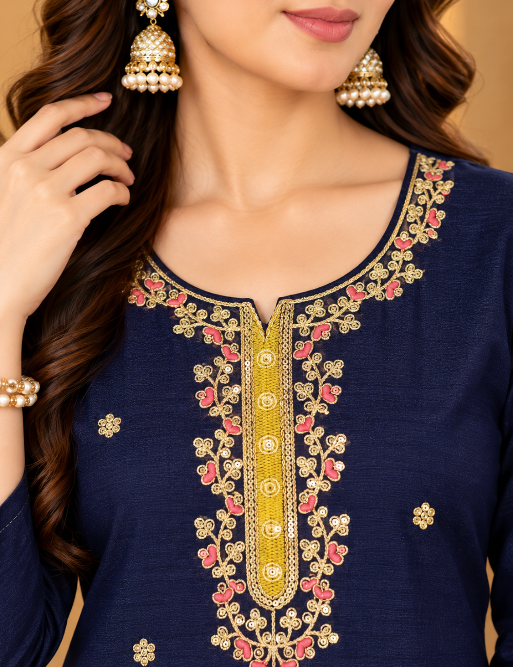 Midnight Blue Vichitra Silk Embroidered Side Cut Kurti with Lining HCK01