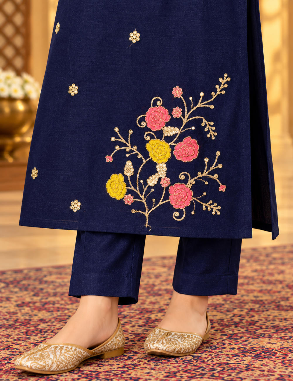 Midnight Blue Vichitra Silk Embroidered Side Cut Kurti with Lining HCK01