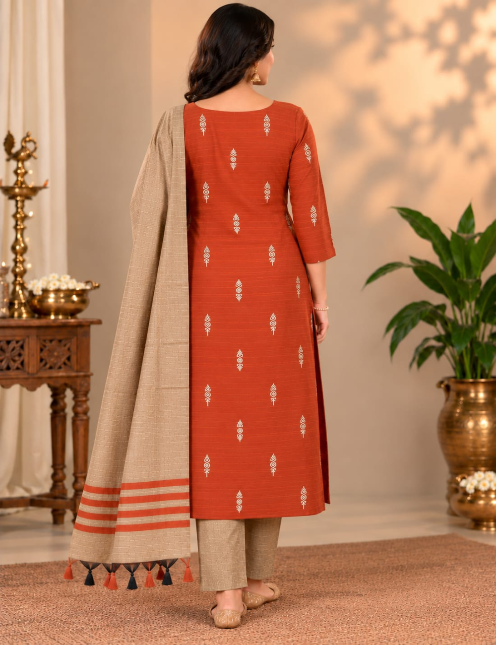 Red Orange Raw Silk 3-Piece Set: Yoke Embroidery & Dupatta HC3P37