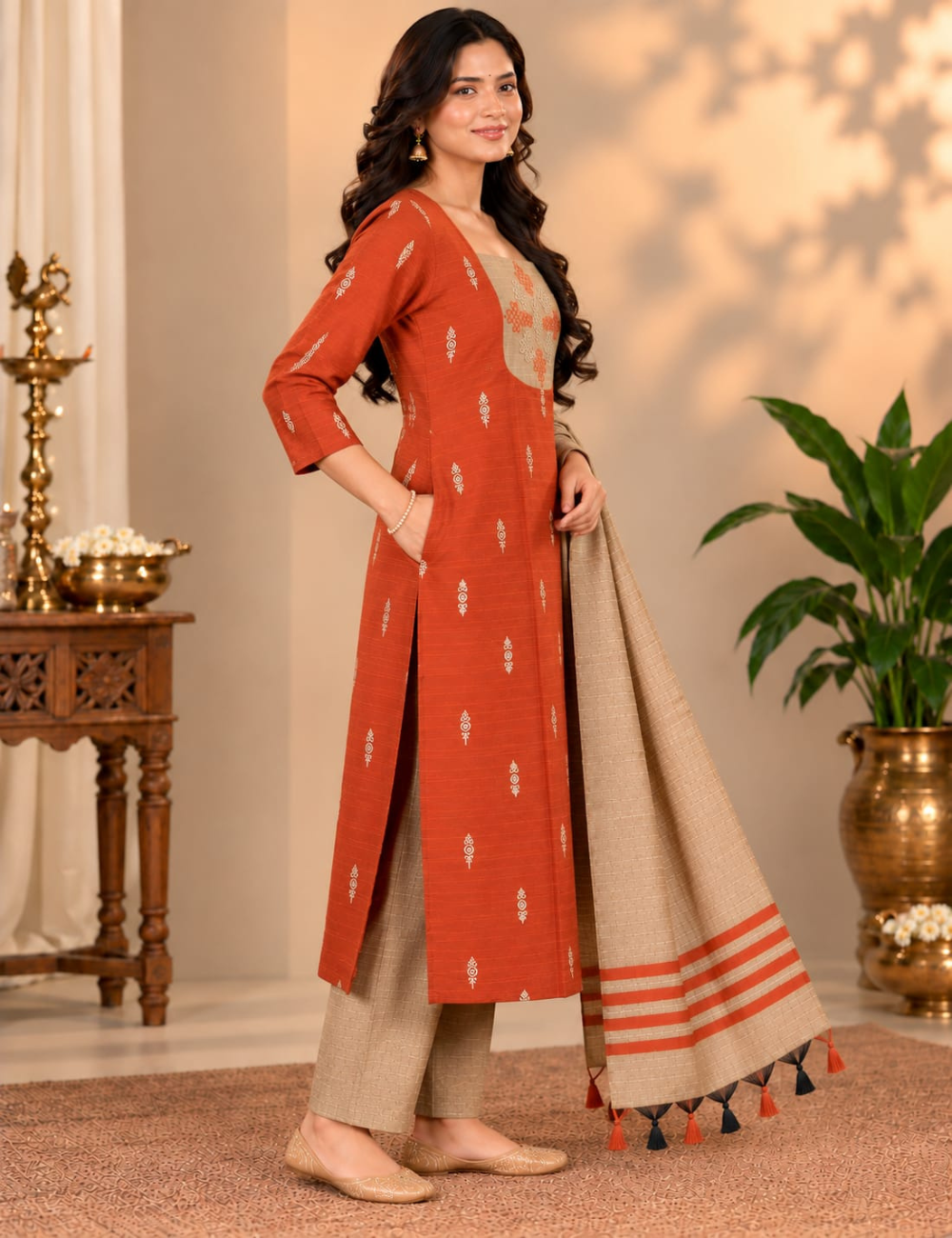 Red Orange Raw Silk 3-Piece Set: Yoke Embroidery & Dupatta HC3P37