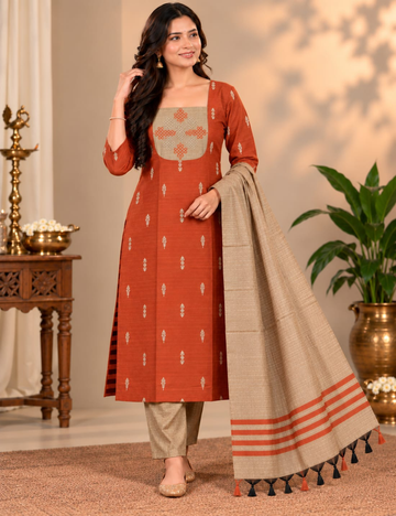 Red Orange Raw Silk 3-Piece Set: Yoke Embroidery & Dupatta HC3P37