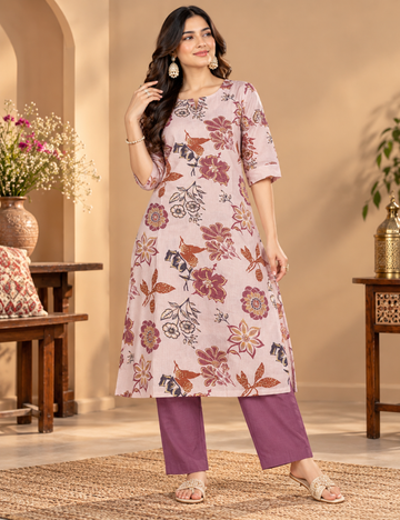 Pinkish Beige Vatican SIlk Floral Print 2 Piece Set with Palazzo Pants HC2P03