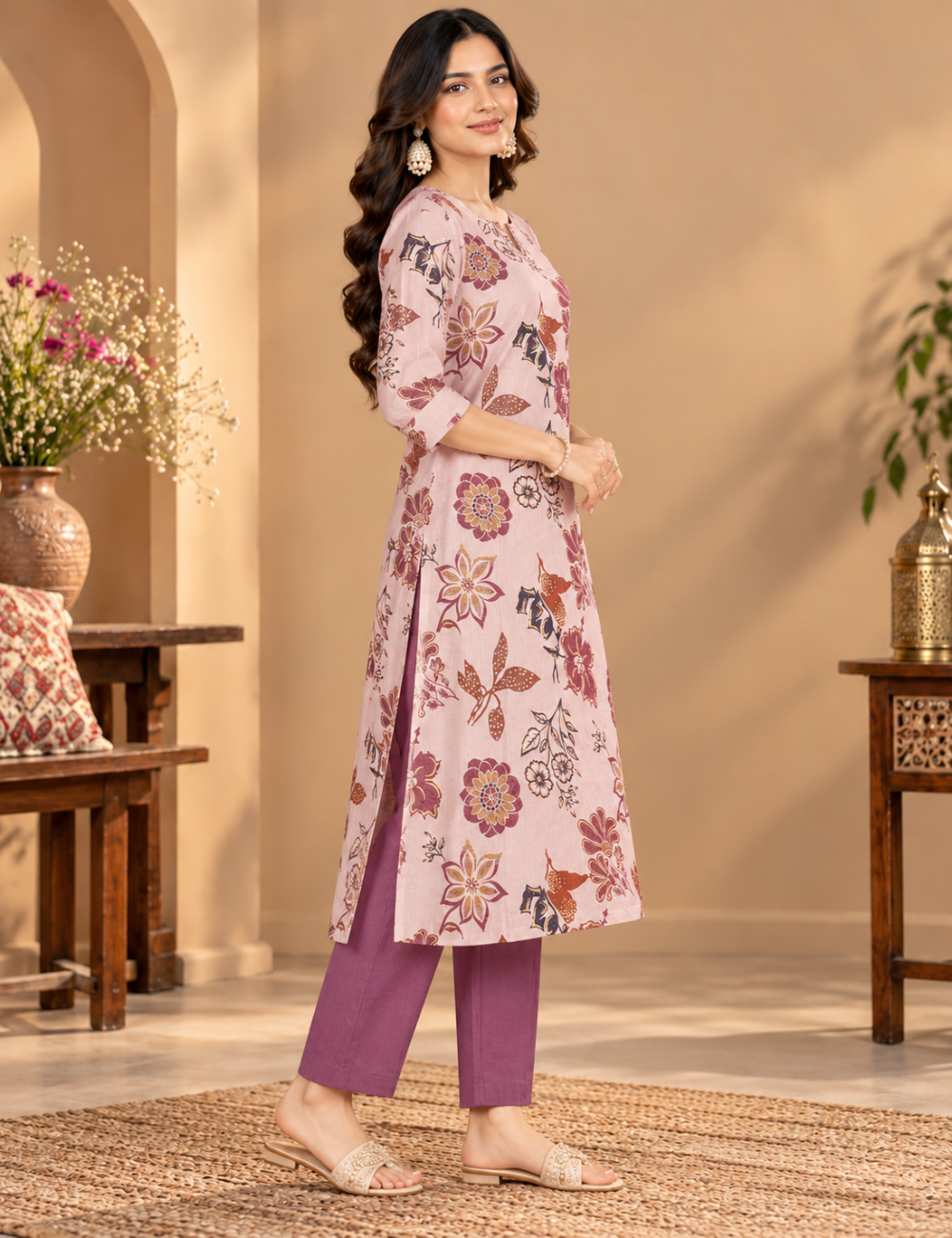 Pinkish Beige Vatican SIlk Floral Print 2 Piece Set with Palazzo Pants HC2P03