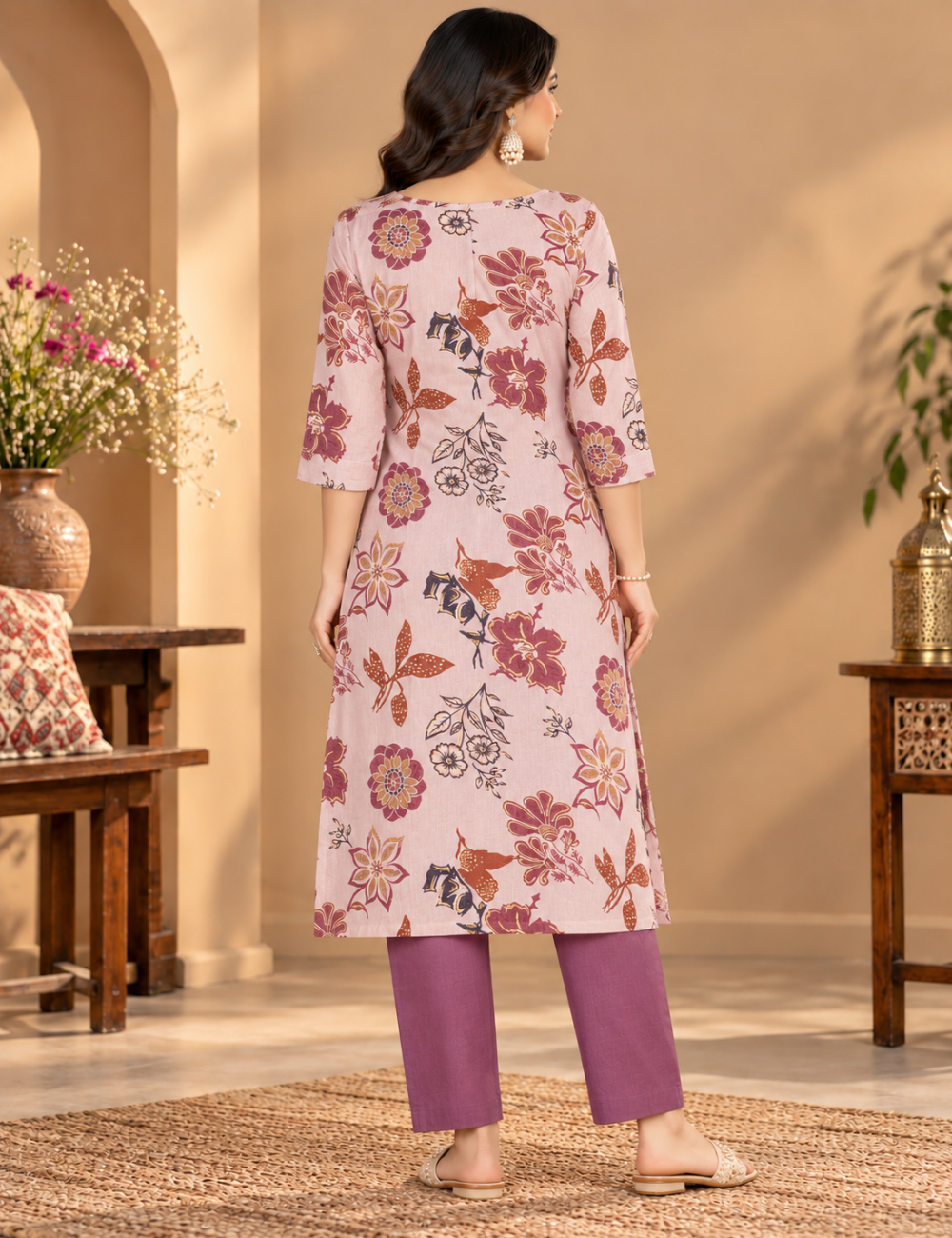Pinkish Beige Vatican SIlk Floral Print 2 Piece Set with Palazzo Pants HC2P03