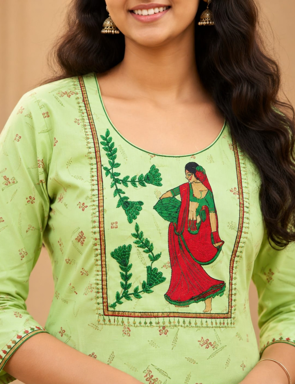 Pista Green Avaasa Side Cut Kurti with Traditional Village Woman Embroidery HCK24