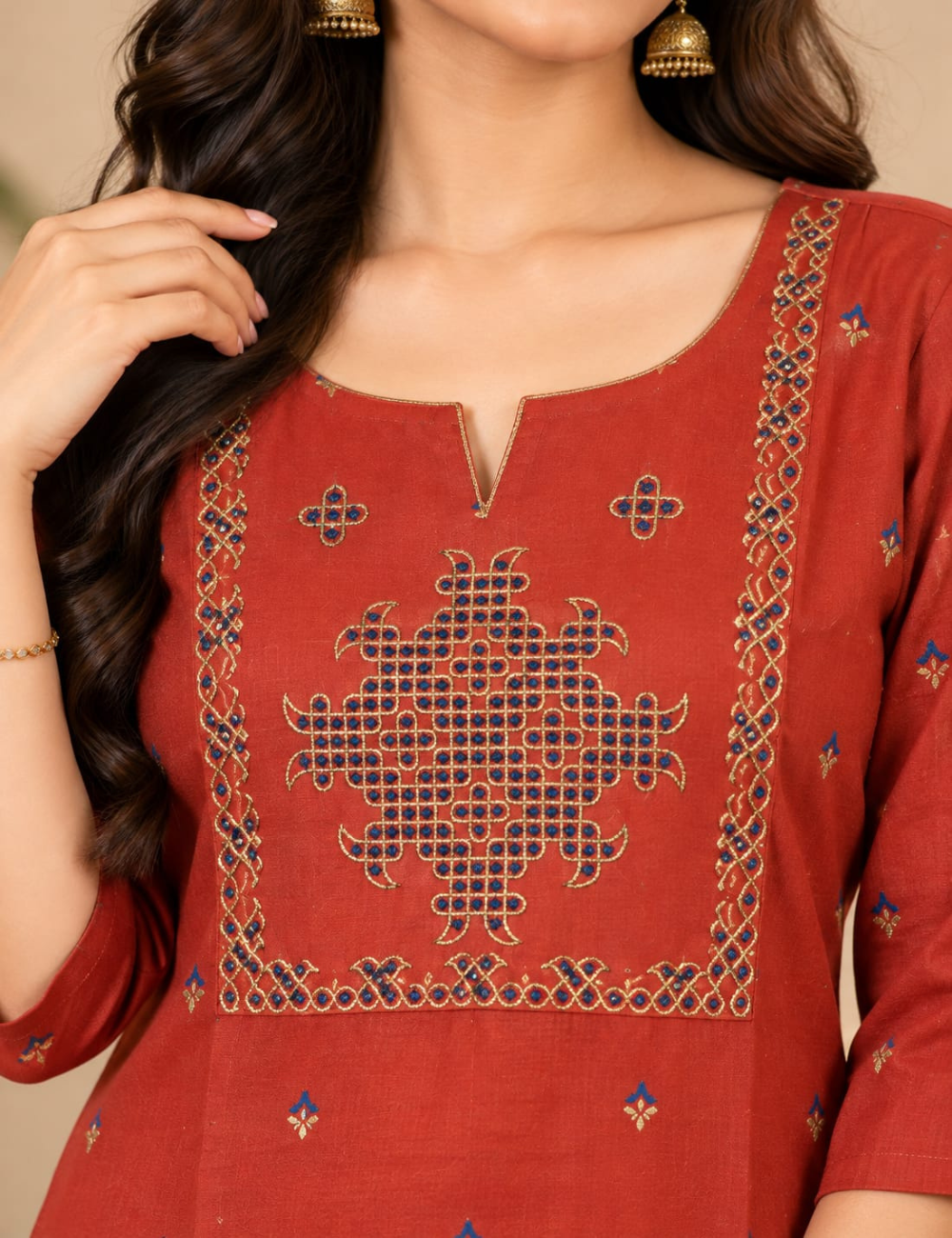 Rust Orange Side Cut Kurti with Geometric Yoke Embroidery & Side Pocket HCK29