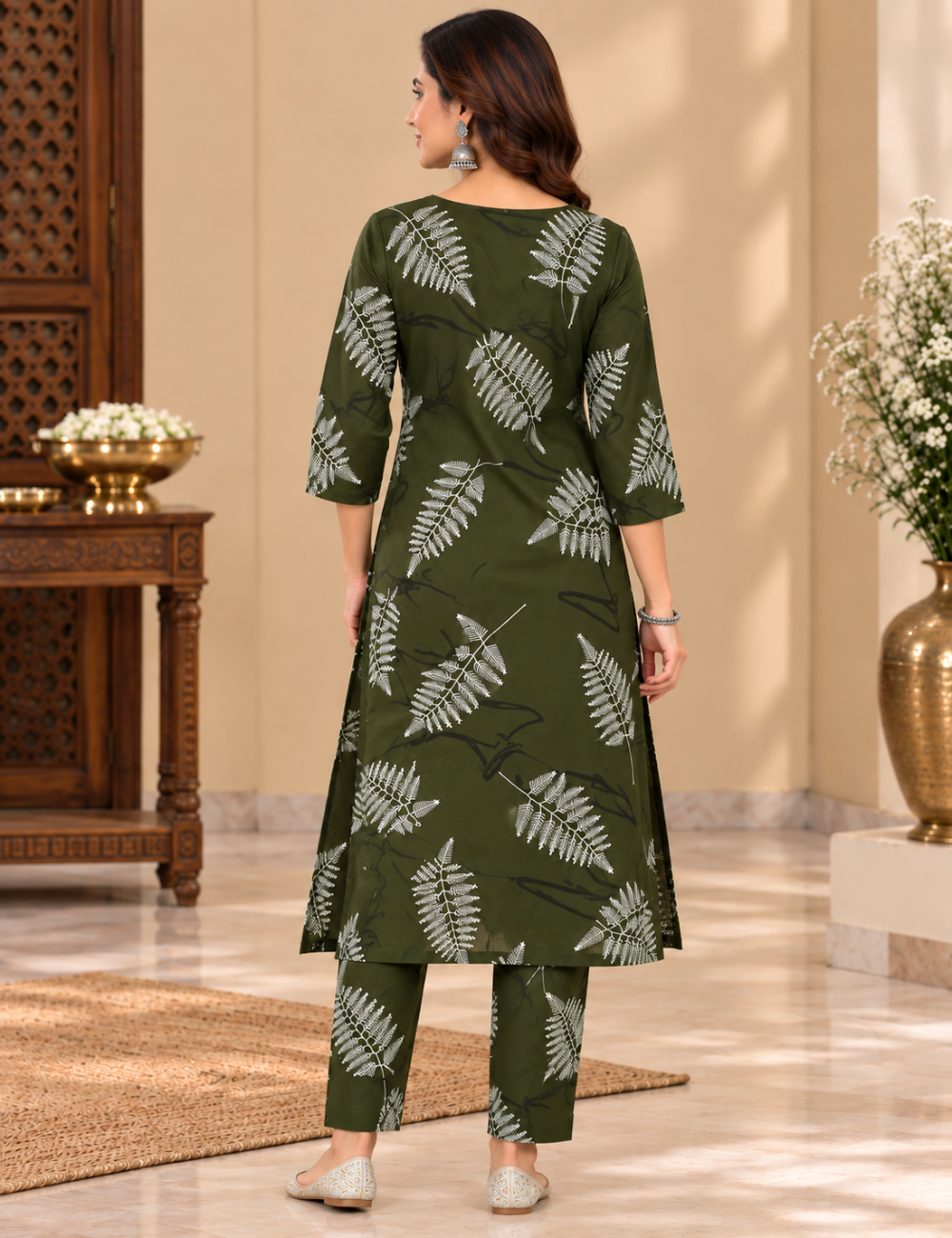 Olive Green Color Rayon Floral Printed 3/4-Sleeve Kurti Set with Gota-Trimmed V-Neckline and Matching Trousers HC2P04