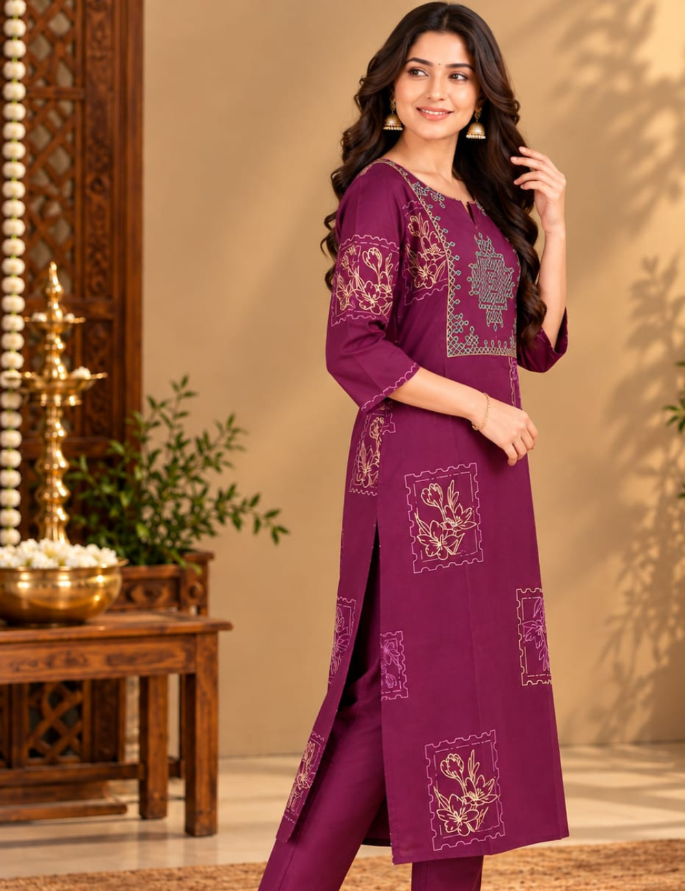 Plum Purple Side Cut Kurti with Neck Kolam Embroidery & Stamp Floral Print HCK41