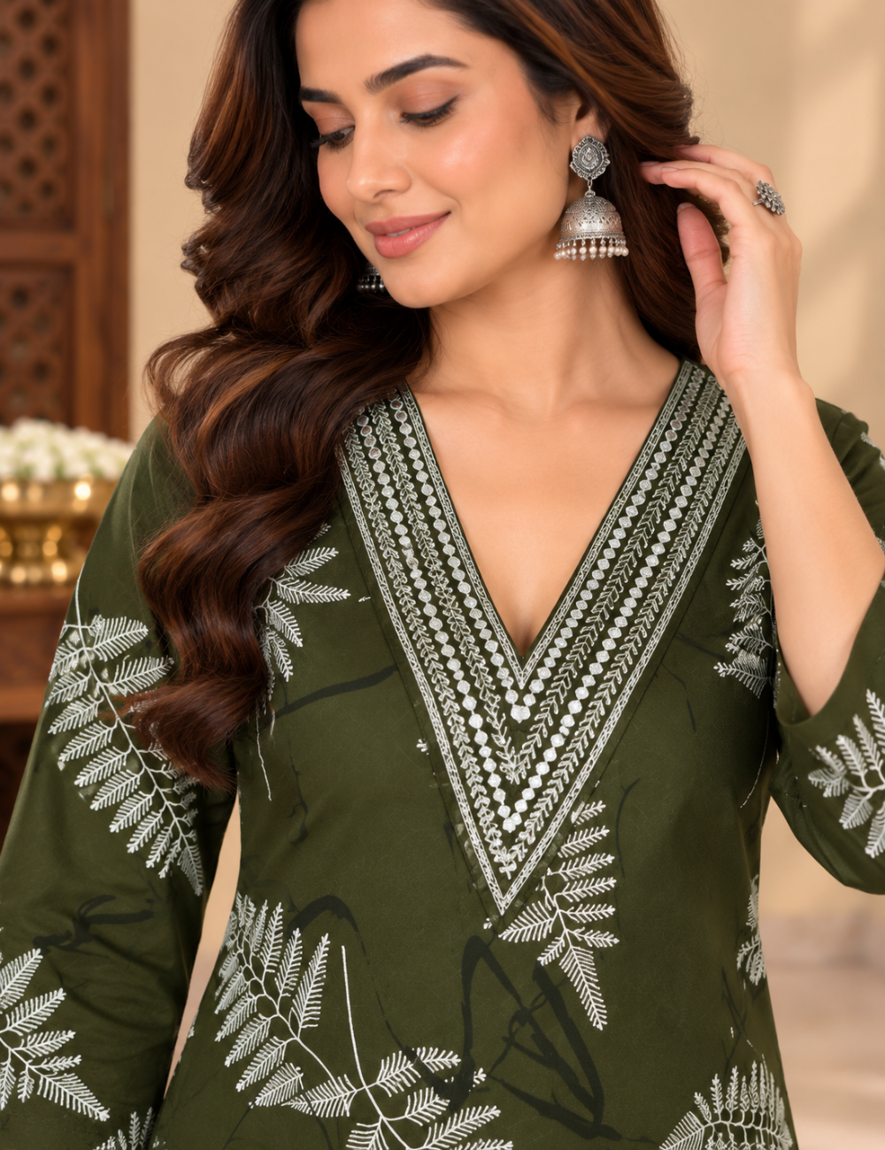 Olive Green Color Rayon Floral Printed 3/4-Sleeve Kurti Set with Gota-Trimmed V-Neckline and Matching Trousers HC2P04