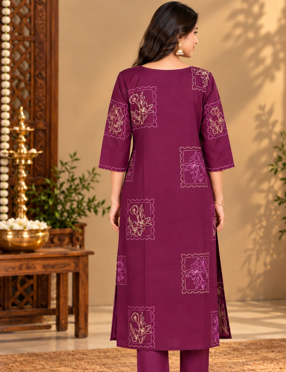 Plum Purple Side Cut Kurti with Neck Kolam Embroidery & Stamp Floral Print HCK41